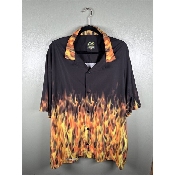 Benny's Black Flames Bowling Stretch Hawaiian Y2K Button Up Shirt Men’s Size 2XL - Picture 1 of 7